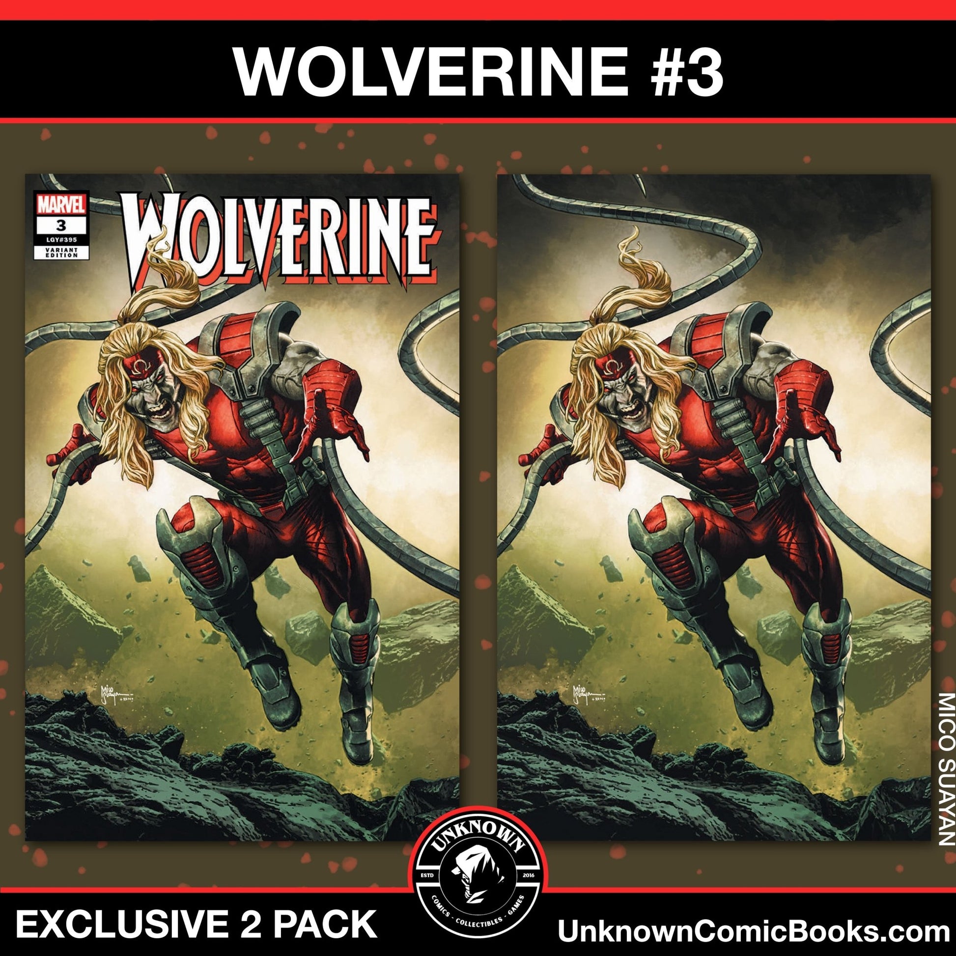 [2 PACK] WOLVERINE 3 UNKNOWN COMICS MICO SUAYAN CONNECTING COVER EXCLUSIVE VAR (11/20/2024) - East Coast Comics