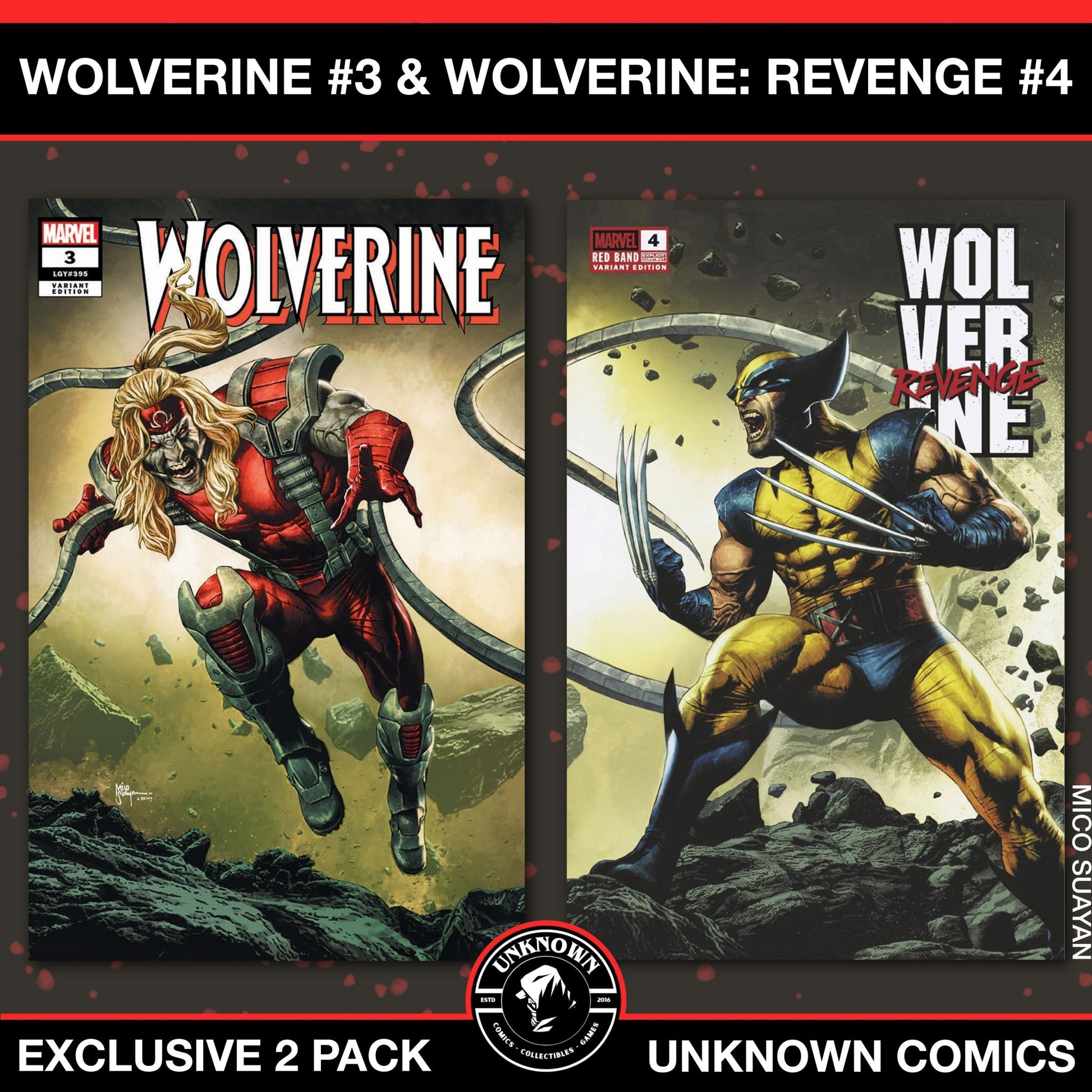 [2 Pack] Wolverine 3 & Wolverine: Revenge - Red Band 4 Unknown Comics MICO SUAYAN Connecting Cover Exclusive Var [Polybagged] Explicit Content (01/22/2025) - East Coast Comics