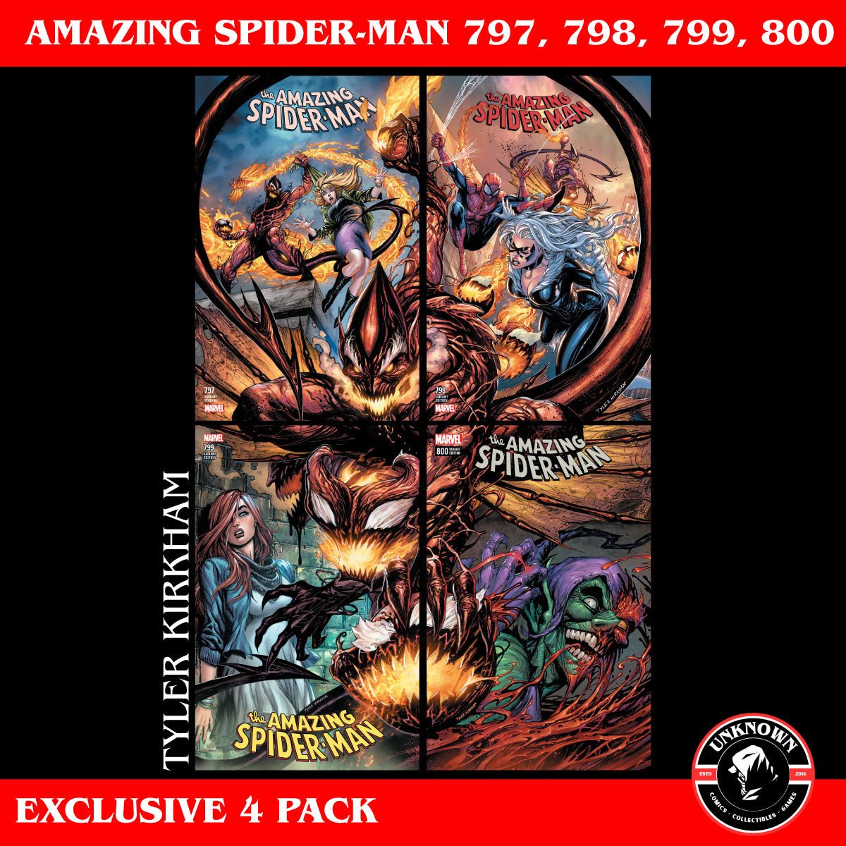 [4 PACK] AMAZING SPIDER - MAN 797, 798, 799, 800 UNKNOWN COMICS CONNECTING COVERS KIRKHAM 2018 - East Coast Comics